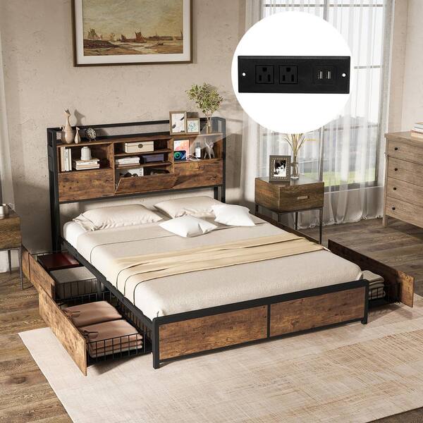 Gymax Vintage Brown Metal Frame Full Size Platform Bed Frame w Bookcase Headboard and 4 Storage Drawers GYM13146 The Home Depot