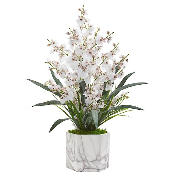 Nearly Natural Indoor Dancing Lady Orchid Artificial Arrangement in Marble Finished Vase
