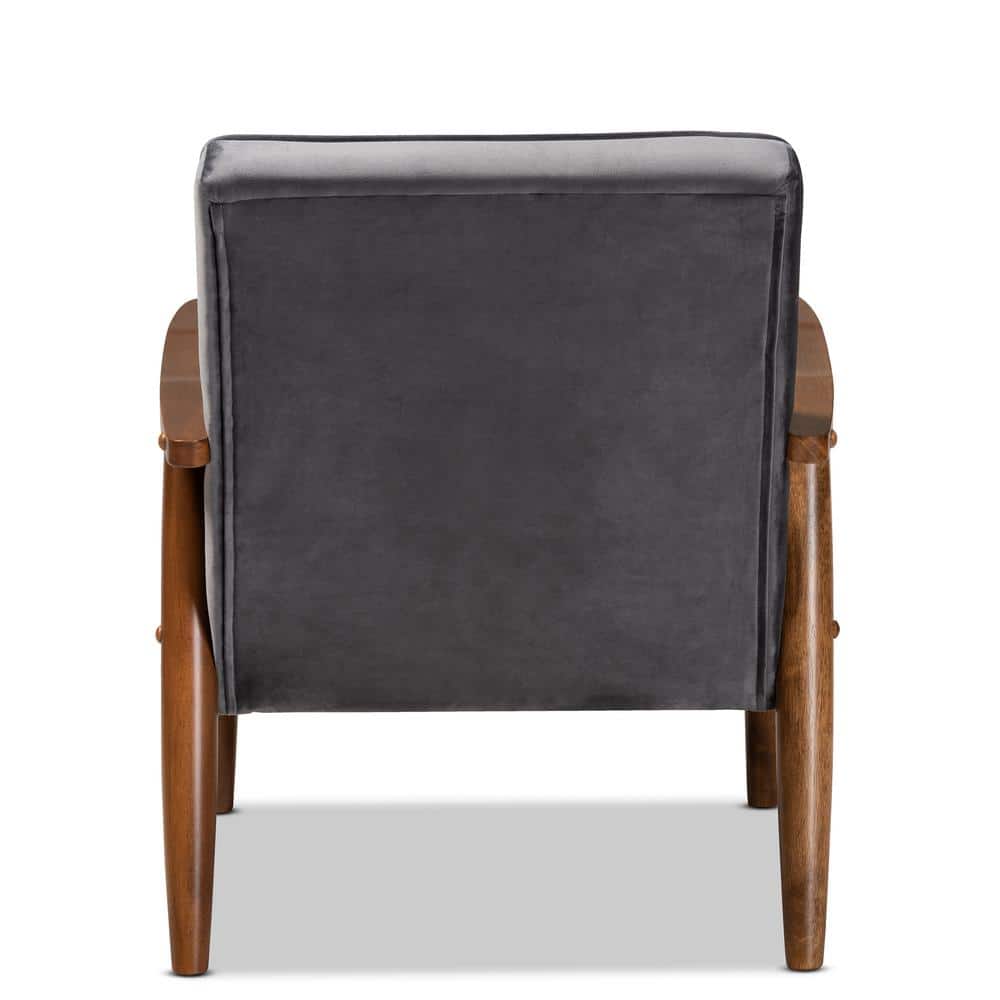 Mid-Century Modern Gray Velvet and Walnut Wood Accent Chair