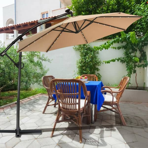 10 ft. Aluminum Market Solar Powered LED 360° Rotation Patio Offset Outdoor Umbrella in Beige