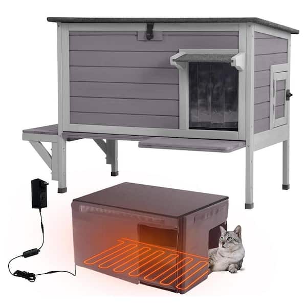 aivituvin Wooden Heated Cat House with Heated Pad, Outdoor Cat Shelter with Liner Inside, Waterproof Feral Cat House