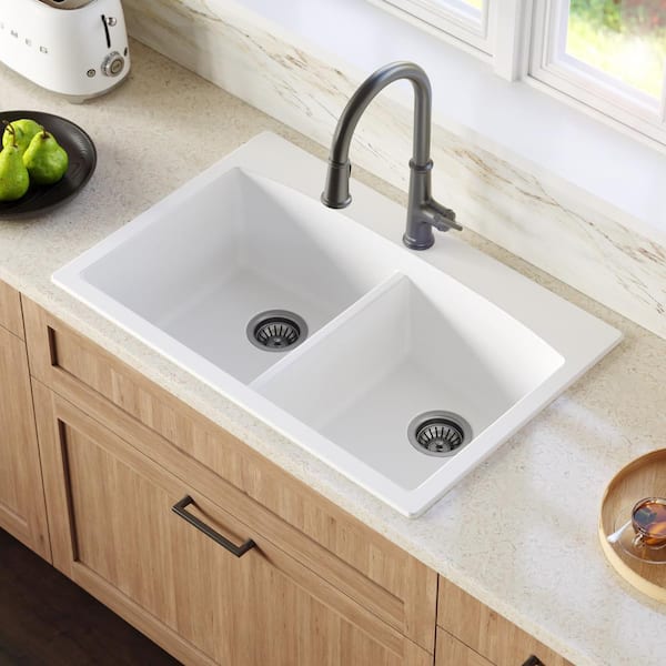 QT-710 Quartz/Granite 33 in. Double Bowl 50/50 Top Mount Drop-In Kitchen Sink in White with Bottom Grid and Strainer