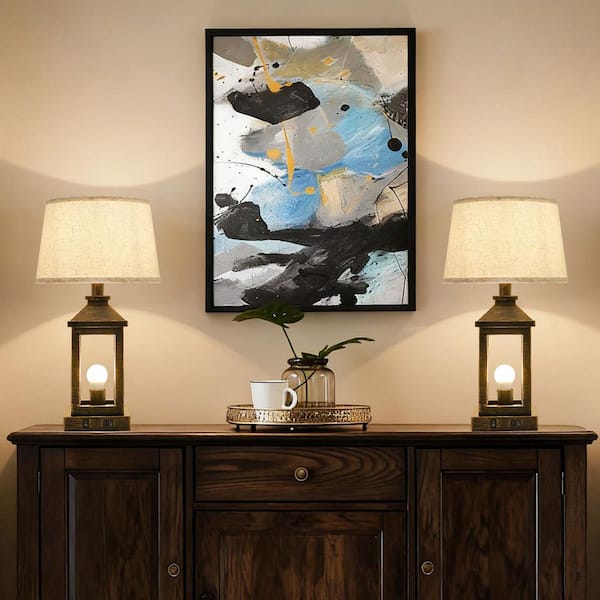 21 in. Black Gold Farmhouse Touch Table Lamp Set of 2 with 3-Way Dimming for Bedroom with Fabric Shade and USB Port