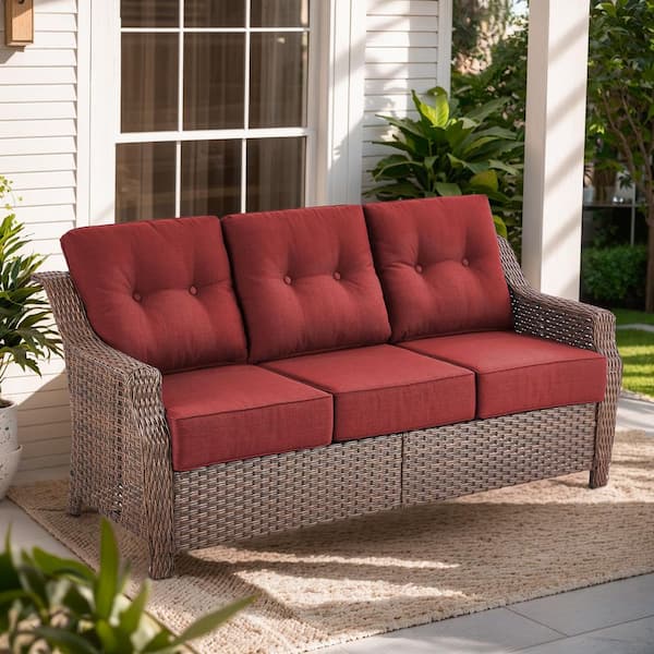 Artisan Brown Wicker Outdoor 3-Seat Couch with High Curved Back and 6 in. Thick Red Cushions