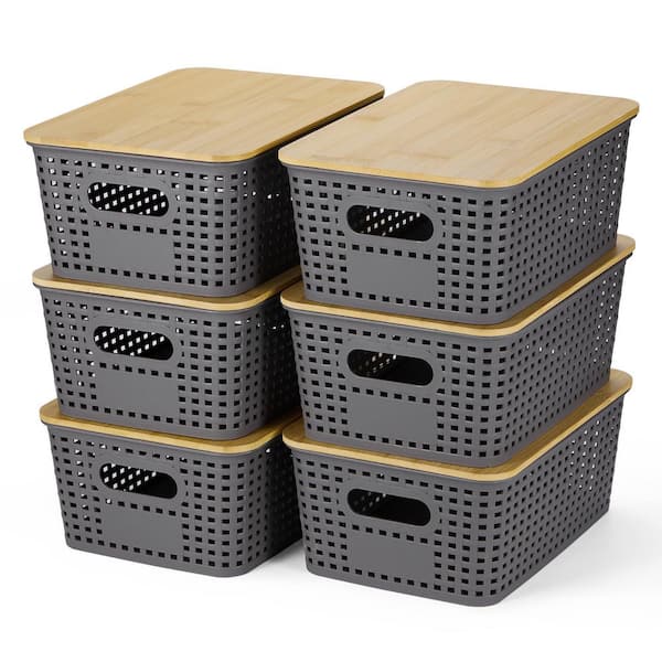 Gray 10.2 in. x 7.2 in. x 4.1 in. PP Plastic and Bamboo Stackable Storage Baskets with Lids, Set of 6