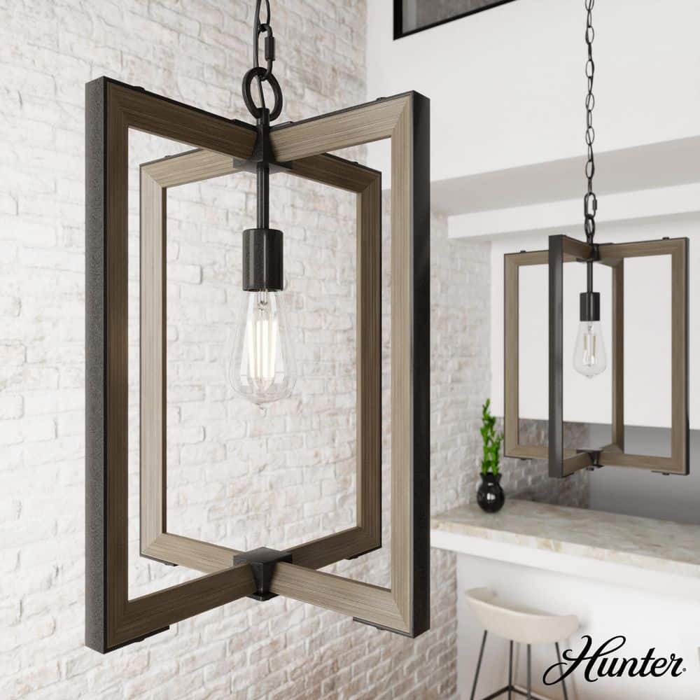Noble Bronze and Oak 14" Geometric Pendant Light