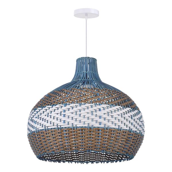 1 Light Blue and White Hand-Woven Rattan Pendant Light with Basket Shape, No Bulbs Included 20 in.