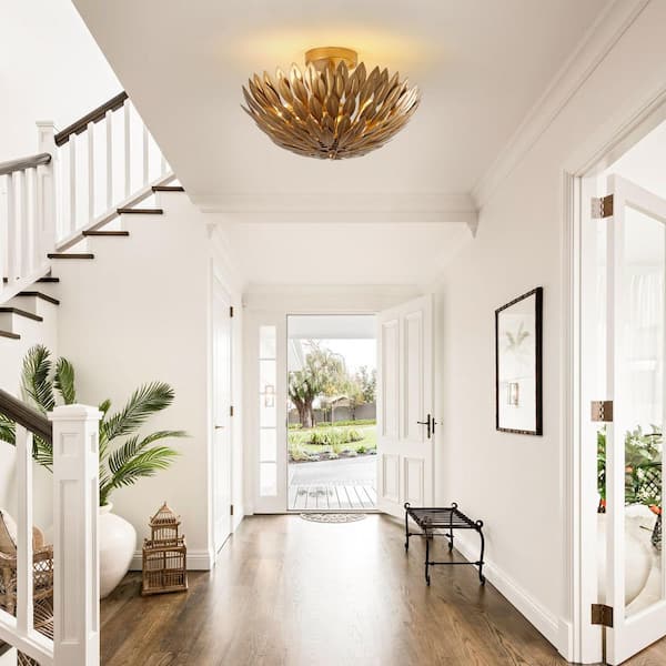 15.75 in. 3-Light Antique Gold Semi-Flush Mount Ceiling Light with Layers of Leaves Shade