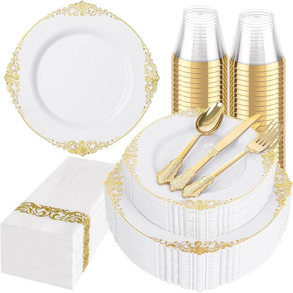 White and Gold Plastic Dinnerware Set 175pc for 25 Guests Includes Plates Cups Napkins