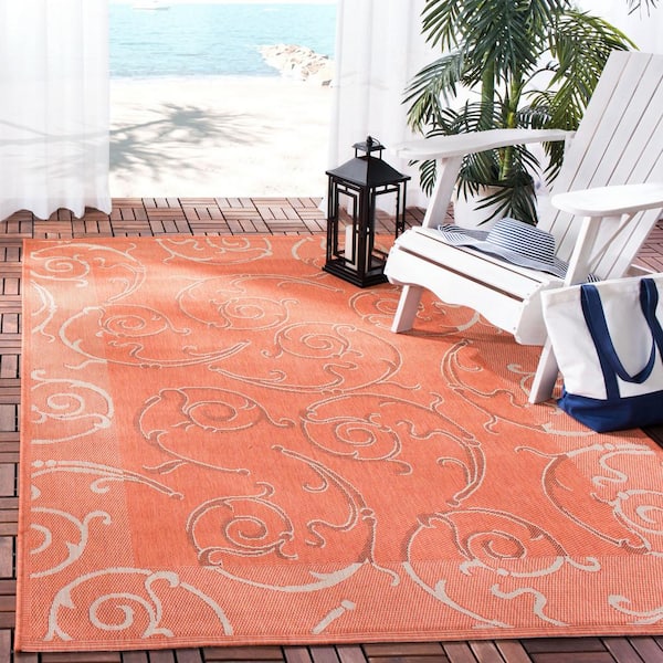 Courtyard Terracotta/Cream 4 ft. x 6 ft. Border Indoor/Outdoor Patio  Area Rug