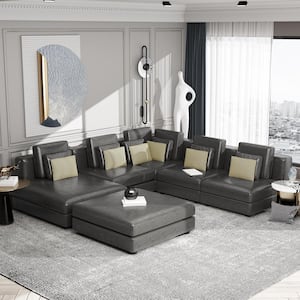112.7 in. Palomino Fabric Sectional Sofa in. Black with Movable Ottoman