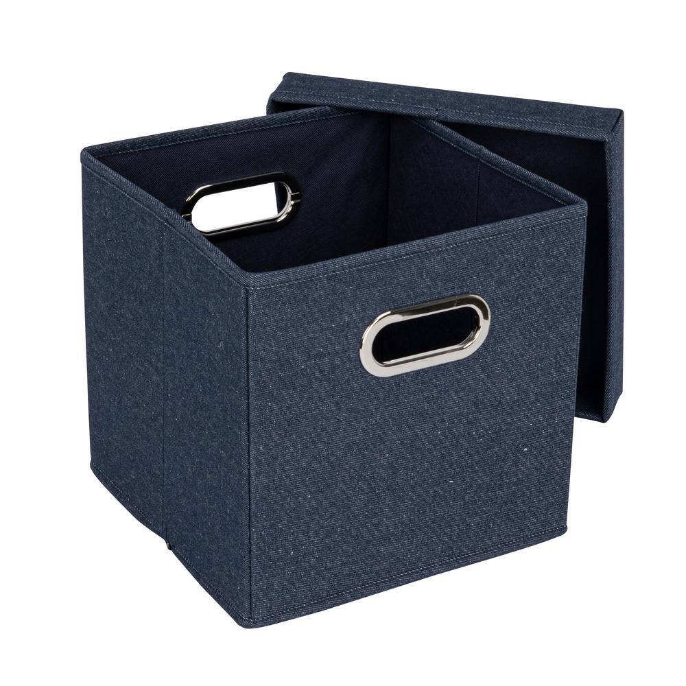 Denim Blue Cotton Blend Collapsible Cube Storage Box with Metal Handles