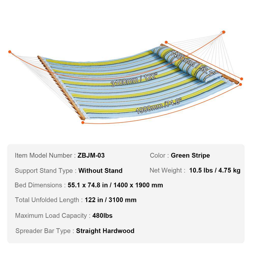12 FT Blue and Green Quilted Fabric Hammock with Hardwood Spreader Bars