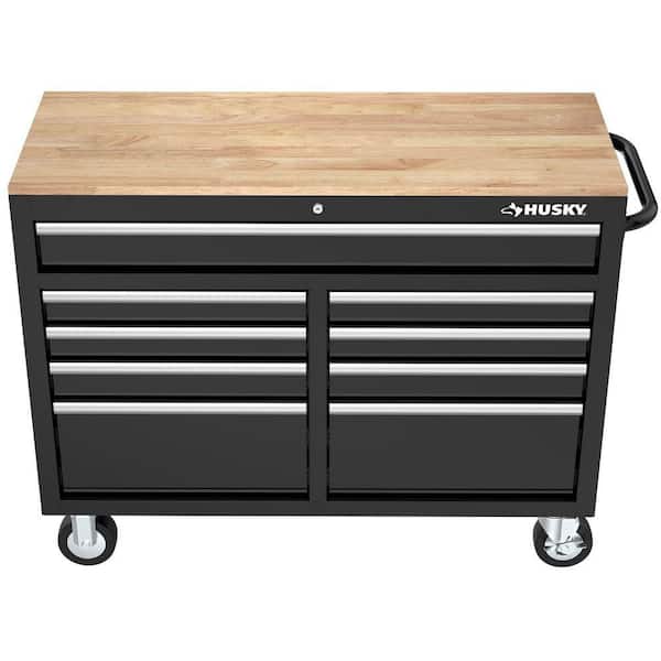 Husky - Tool Storage 46 in. W x 18 in. D 9-Drawer Mobile Workbench Cabinet in Gloss Black