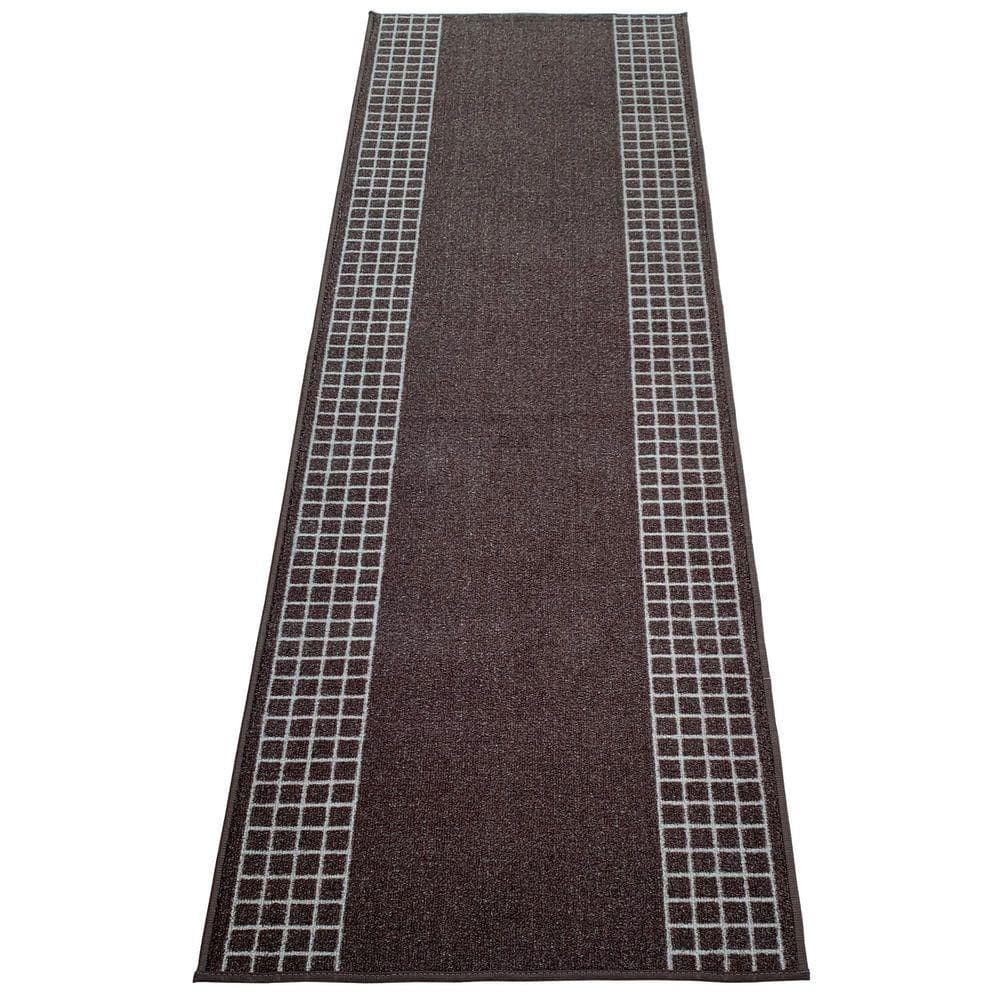 PLAYA RUG Checkered Border Brown 26 in. W x 16 ft. L Runner Rug/Stair ...