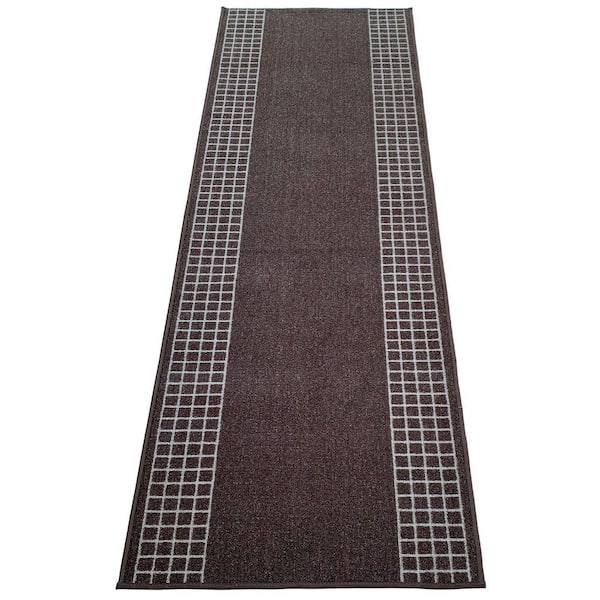 Checkered Border Brown 26 in. W x 4 ft. L Runner Rug/Stair Runner 8.8 sq. ft.