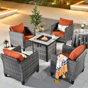 New Vultros Gray 5-Piece Wicker Patio Fire Pit Conversation Seating Set with Orange Red Cushions