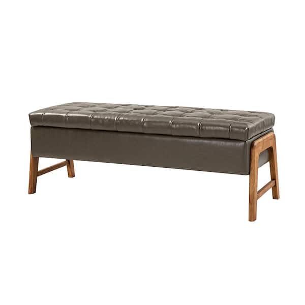 JAYDEN CREATION Irene 50 in. Wide Leather Storage Bench with Tufted Seat Cushion-GREY