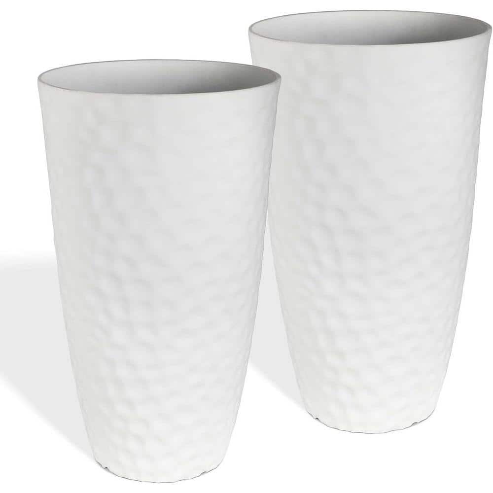 24 in. H Tall Plastic Planters 2-Pack (Matte White Hammered Texture) - with Drainage Holes, Lightweight, Indoor/Outdoor price history on PriceWatchPro