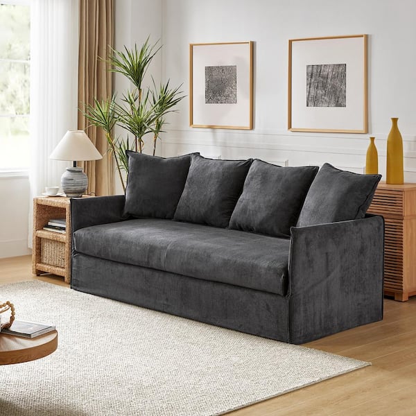 JAYDEN CREATION Severin 80.3 in. Square Arm Polyester Rectangle Slipcovered Sofa in Chacoal