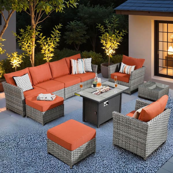 Toject Eufaula Gray 10-Piece Wicker Modern Outdoor Patio Conversation Sofa Set with a Steel Fire Pit and Orange Red Cushions