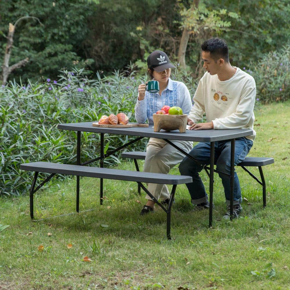 Gray Foldable Plastic and Steel Outdoor Picnic Table Set
