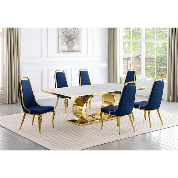 Best Quality Furniture Ibraim 7-Piece Rectangle White Marble Top Gold Stainless Steel Dining Set with 6 Navy Blue Velvet Gold Chrome Iron Chair