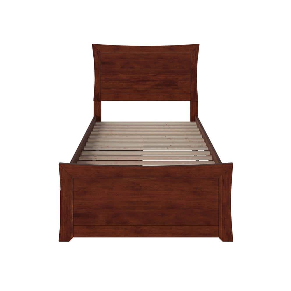 Walnut Twin XL Platform Bed with Storage Drawers and Headboard