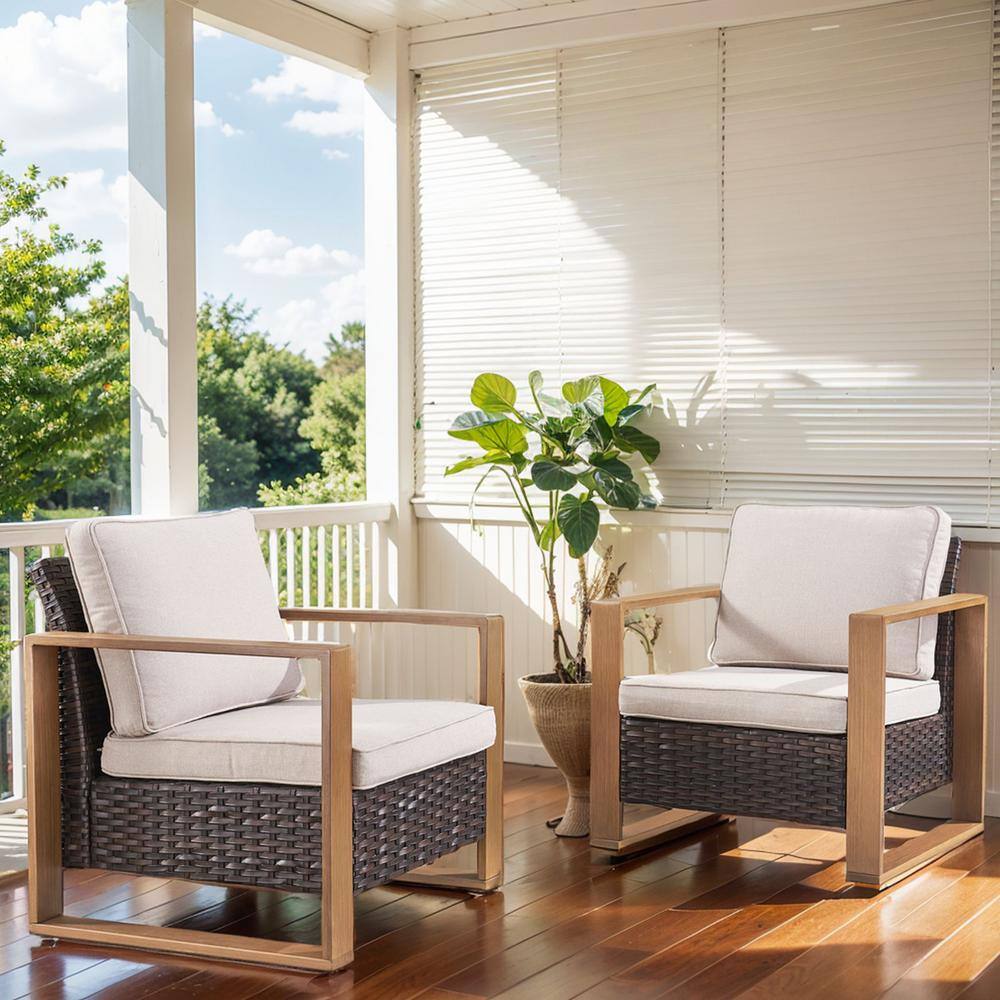 Beige and Brown Rattan Indoor-Outdoor Armchairs with Cushions