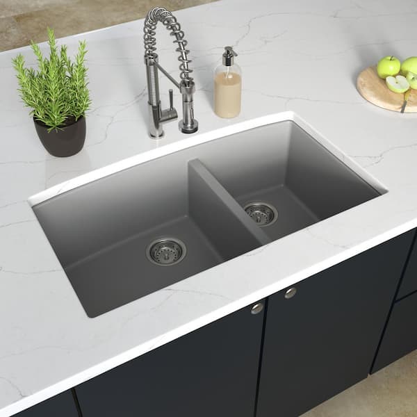 MSI 32.5 in. Undermount Double Bowl Gray Quartz Kitchen Sink with 