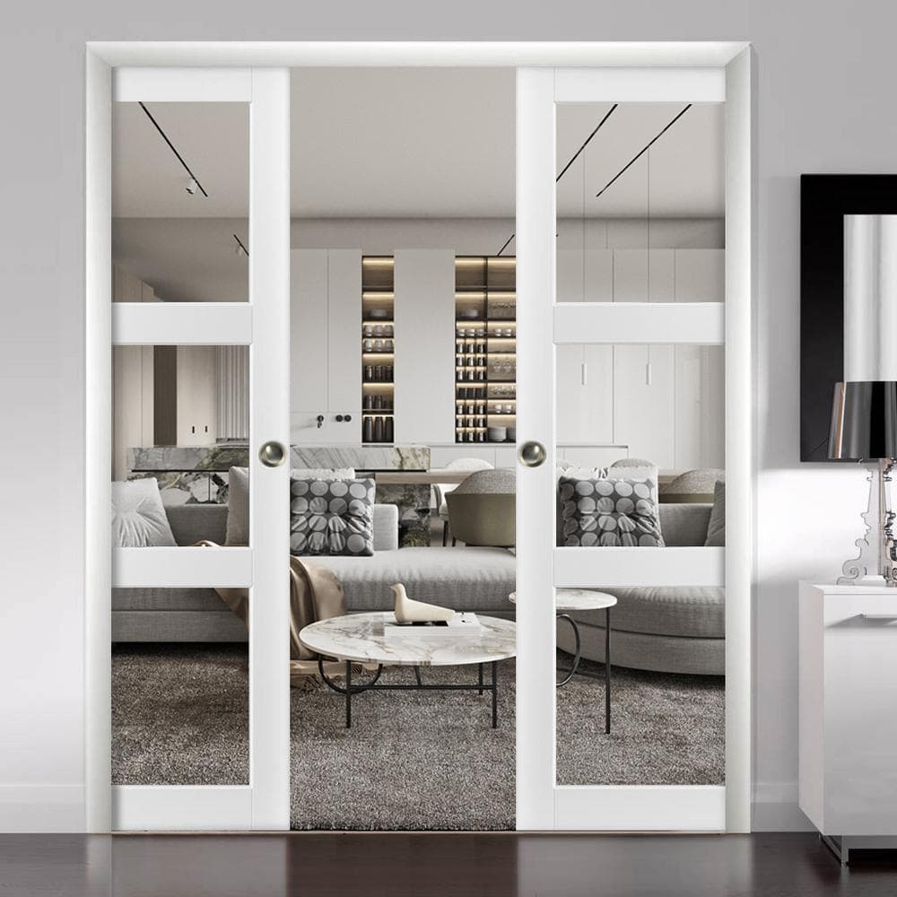 Matte White 60 x 96 Solid MDF Sliding French Double Pocket Doors