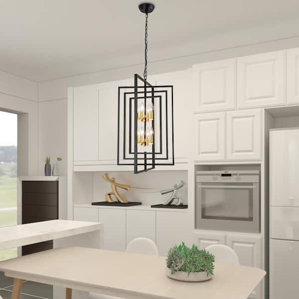 Alaska 8-Light Black/Gold Lantern and Candle Style Geometric Black and Gold Chandelier With Wrought Iron Accents