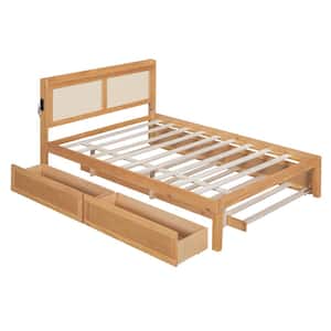 Natural Color Wood Frame Full Size Platform Bed with Rattan Headboard and Sockets
