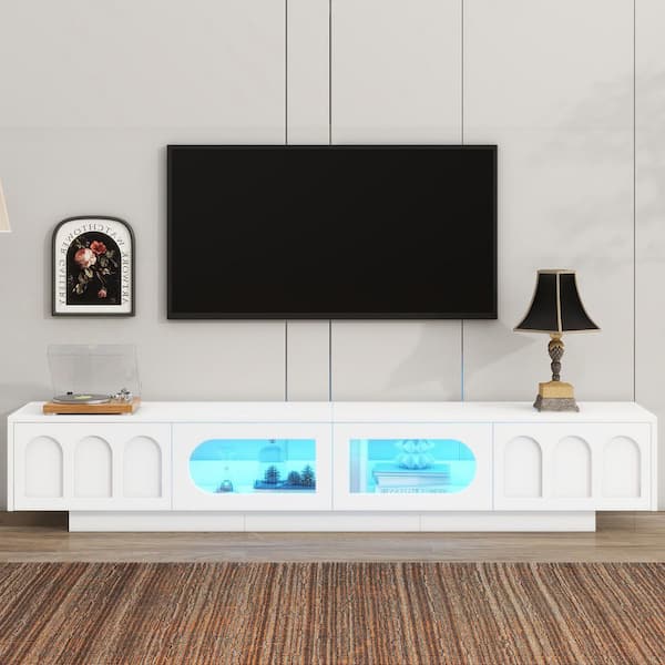 White TV Stand Entertainment Center Fits TVs Up to 95 in. with Fluted Glass Doors and LED Lighting