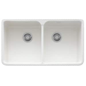 Manor House Farmhouse Apron Front Fireclay 35.625 in. x 21.875 in. 50/50 Double Bowl Kitchen Sink in White