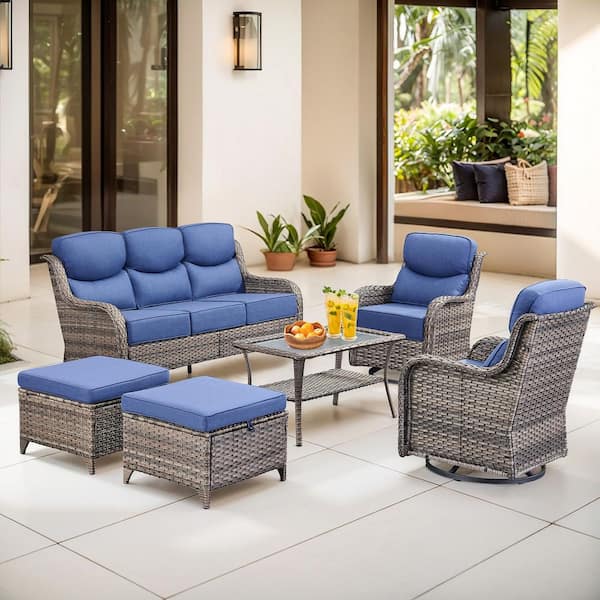 New Vorath Gray 6-Piece Wicker Outdoor Patio Conversation Seating Set with Blue Cushions