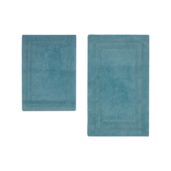 Jean Pierre Reversible Cotton Soft Double Border Aquatic Blue 2-Piece Bath Mat Set