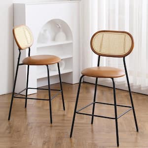 26 in. Whiskey Brown Metal Frame Rattan Counter Height Bar Stools With Faux Leather Seat (set of 2)