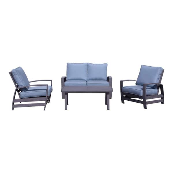 Courtyard Casual Cabo 4-Piece Aluminum Patio Conversation Set with Sunbrella Blue Cushions