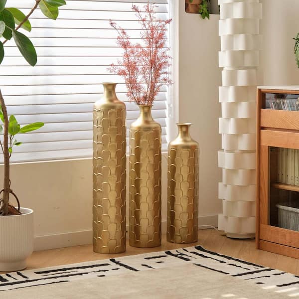 Unbranded Home Decorative Floor Vase, Modern Floor Vases (Set of 3) Glazed Cylinder Metal Vases 25.2in./29.33in./34.25 in. H, Gold