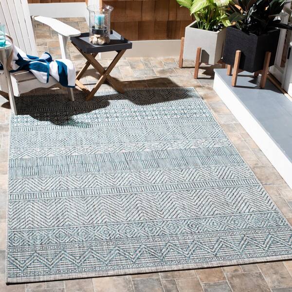 Courtyard Gray/Teal Doormat 3 ft. x 5 ft. Striped Tribal Chevron Indoor/Outdoor Area Rug