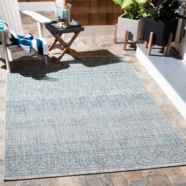 Courtyard Gray/Teal 8 ft. x 10 ft. Striped Tribal Chevron Indoor/Outdoor Area Rug
