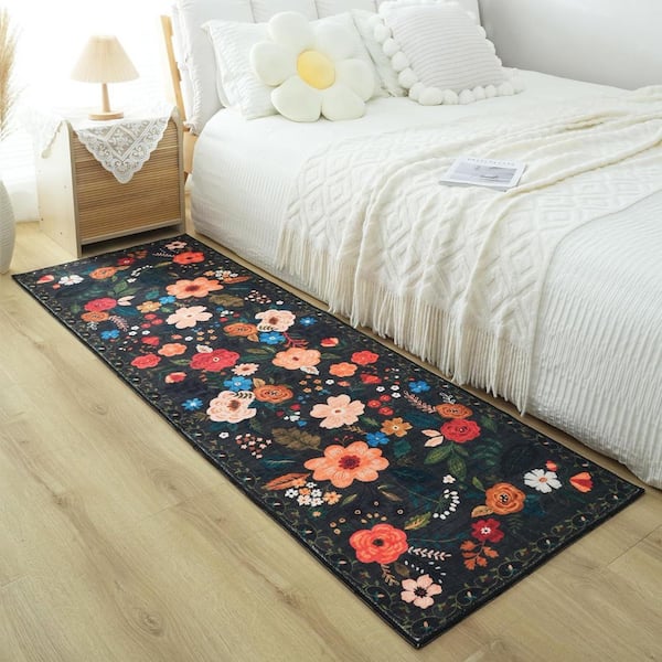 2 X 10 Black Washable Boho Floral Runners for Hallways Kitchen Rug Non Slip Rubber