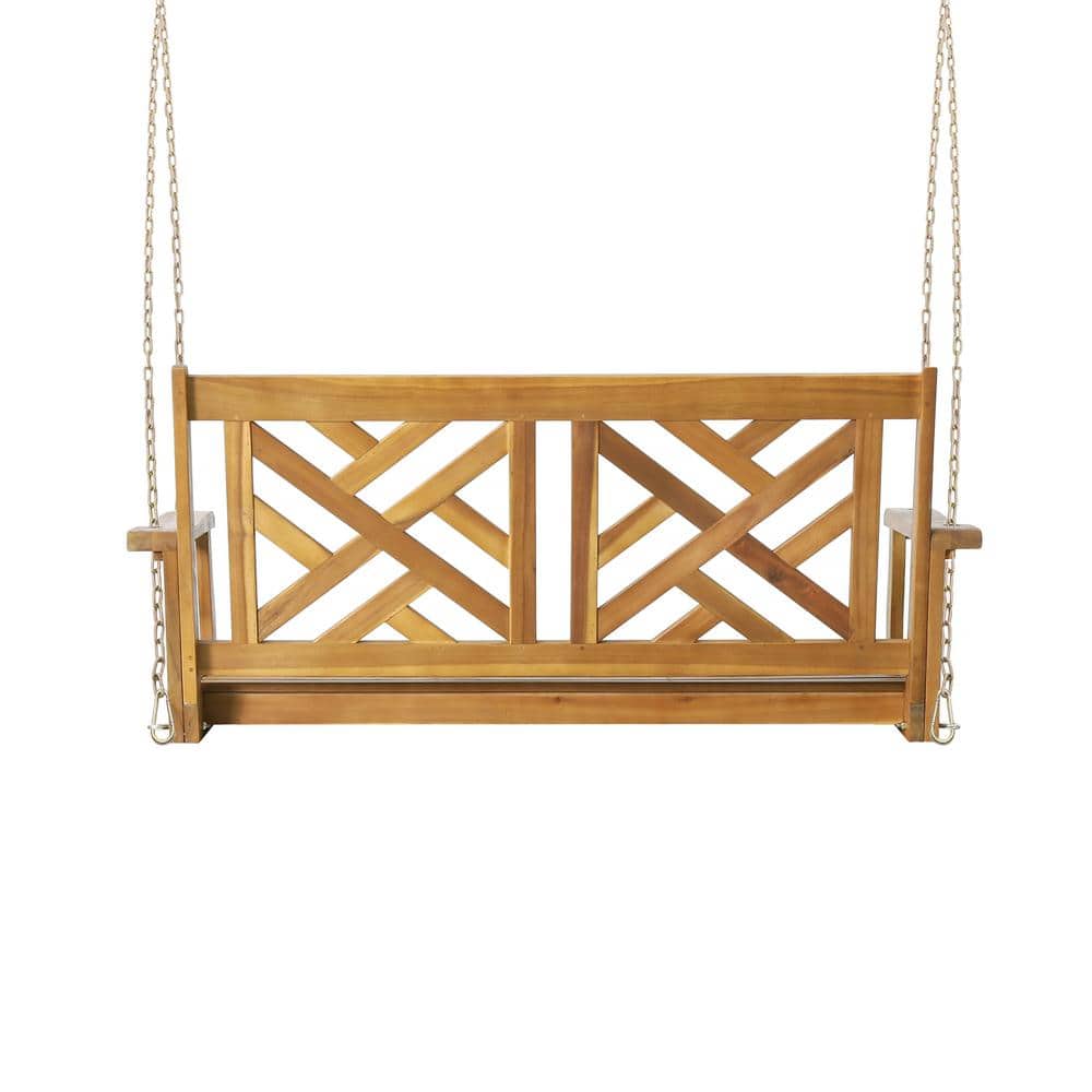 Acacia wood outdoor porch swing with two metal chains suitable for patio ga