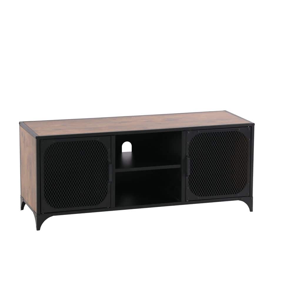 Black Steel and Wood 2-Door TV Cabinet with Mesh Panels