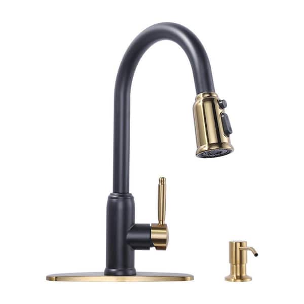 15 in. Stainless Steel Single Handle 360° Pull Down Sprayer Kitchen Faucet with Soap Dispenser in Black and Gold
