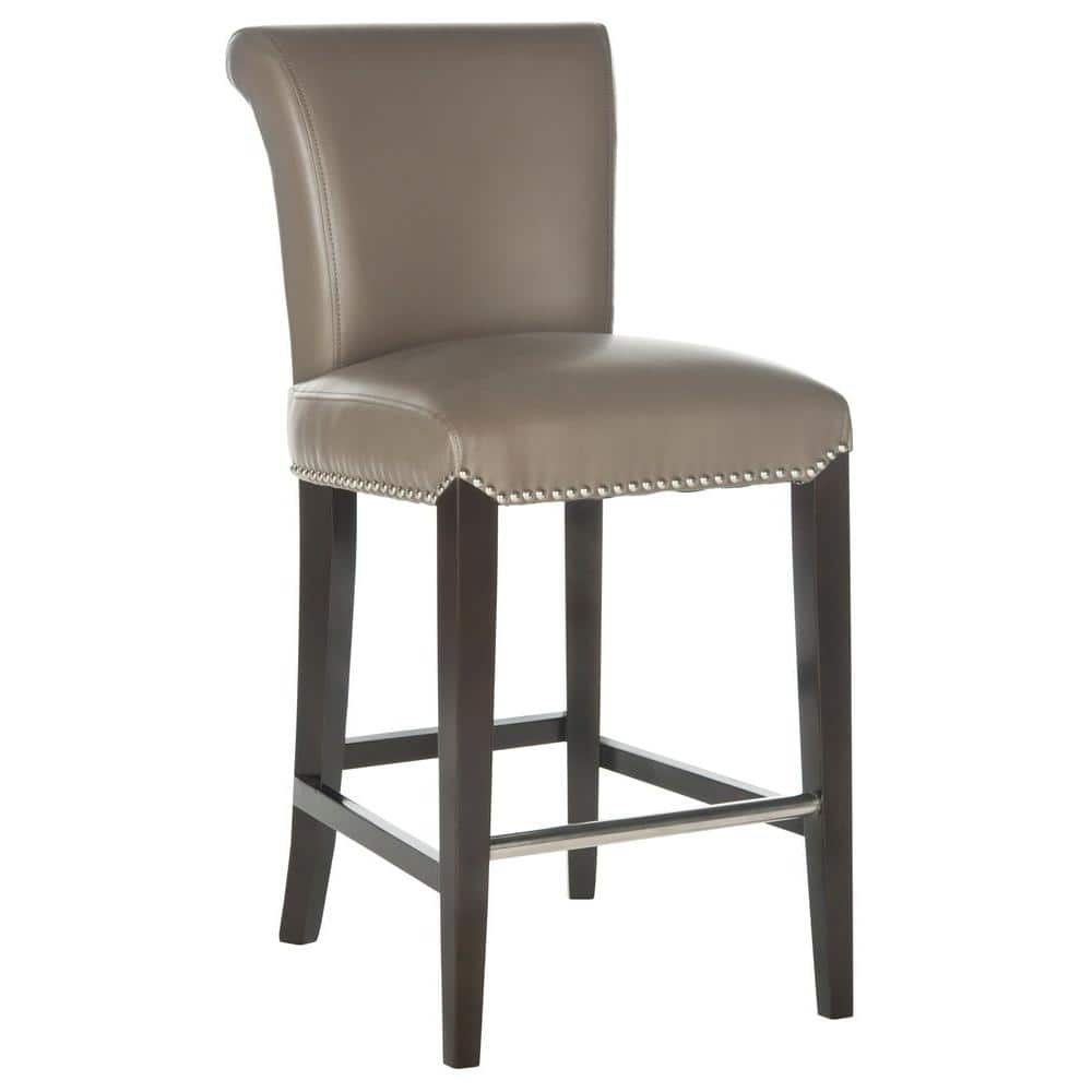 Transitional Clay Gray Leather and Wood Counter Stool