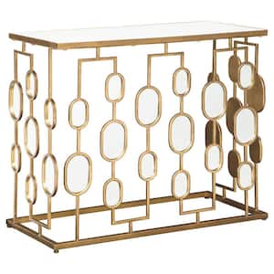 16 in. Gold Rectangle Glass Top Console Table with Geometric Base