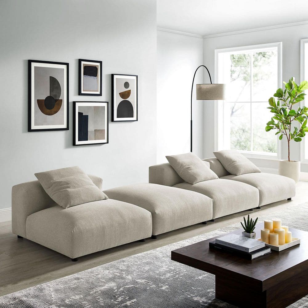 Solace 124 in. 4-Piece Modular Upholstered Fabric Sectional Sofa in. Linen