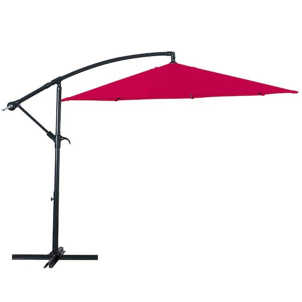 JUSKYS 9ft. Patio Cantilever Umbrella Hanging Market Umbrellas with Crank & Cross Base in Red